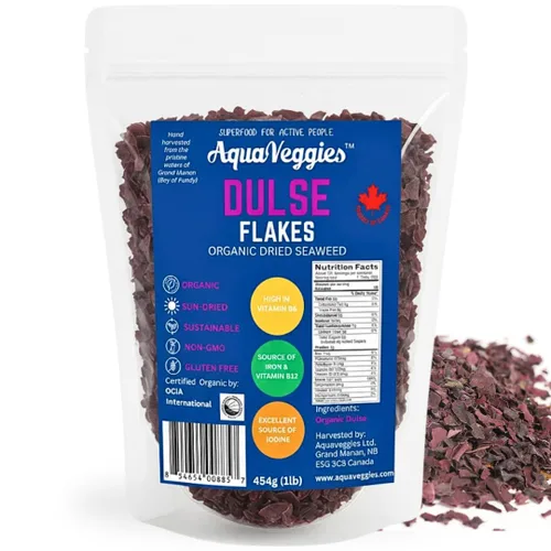 Aqua Veggies Atlantic Dulse Flakes Organic Atlantic - Bocadillos de algas marinas con superalimentos de cosecha silvestre, secado al sol, ricos en