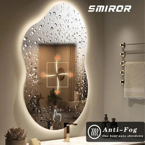 Vista 6 de SMIROR Espejo de baño retroiluminado irregular con luces de 20 x 36, espejo asimétrico de nube LED iluminado para pared, antiniebla, regulable