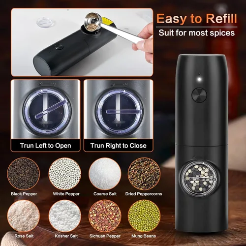 Vista 6 de Juego de molinillo eléctrico recargable de sal y pimienta, molinillo automático de sal y pimienta con luz LED, molinillo de sal y pimienta, grosor