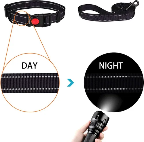 Vista 4 de Juego de collar y correa reflectante para perro con hebilla de bloqueo de seguridad, collares de nailon para mascotas ajustables para perros Negro