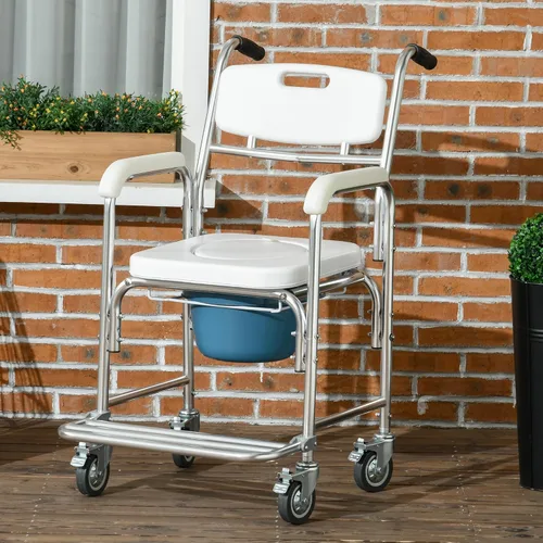 Vista 6 de HOMCOM Silla de ruedas 3 en 1 para ducha, apta para FSA/HSA, silla de inodoro impermeable enrollable con asiento acolchado, capacidad