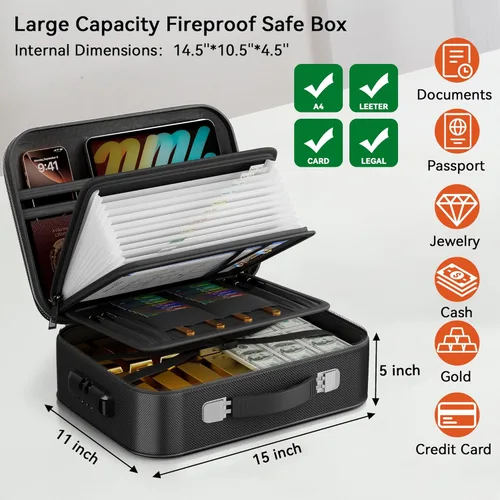 Vista 4 de Caja de Documentos Ignífuga, Caja Ignífuga de Carcasa Dura con Cerradura, Caja de Seguridad de Documentos Ignífuga y Resistente al Agua de Carcasa