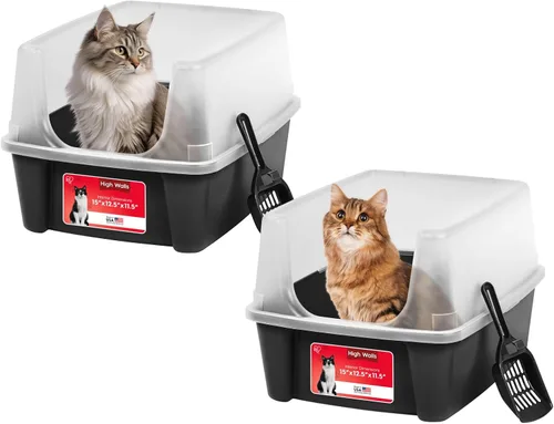 IRIS USA - 2 Pack Caja de arena para gatos grande de tapa abierta con lados altos, escudo antidesperdicio y pala, color negro, para gatos de