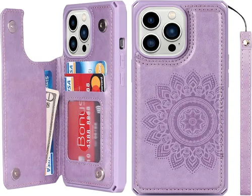 Vista 12 de iCoverCase Funda compatible con iPhone 13 Pro tipo cartera con tarjetero para mujer, bloqueo RFID en relieve, de piel sintética, con correa