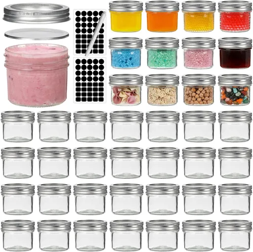 Vista 9 de EkkoVla Paquete de 40 tarros de vidrio de 4 onzas con tapas negras, mini tarro de boca regular, tarros de conservas para miel, mermelada, gelatina