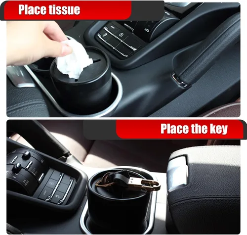 Vista 5 de Bote de basura multifuncional para automóvil con tapa, 8.5 fl oz (0.06 galones) cubo de almacenamiento de monedas, mini bolsa de comestibles