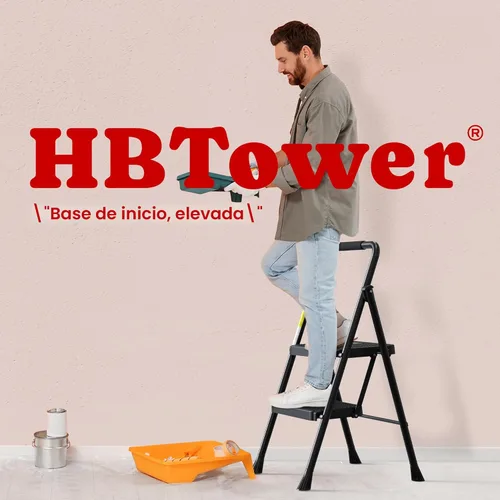 Vista 7 de HBTower Escalera de escalones. Taburete plegable con escalón ancho antideslizante, escalera de acero resistente, con un práctico pasamanos, ligera