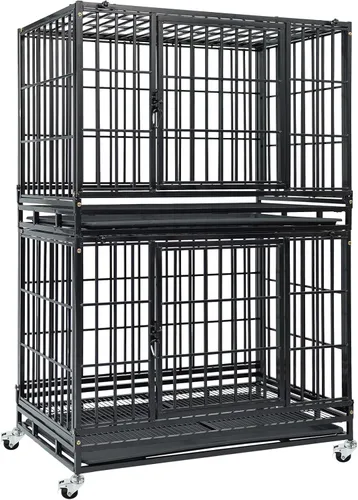 Vista 17 de Jaula para perros resistente de 36 pulgadas, jaula apilable para perros, a prueba de escapes, con bandeja extraíble, ruedas universales