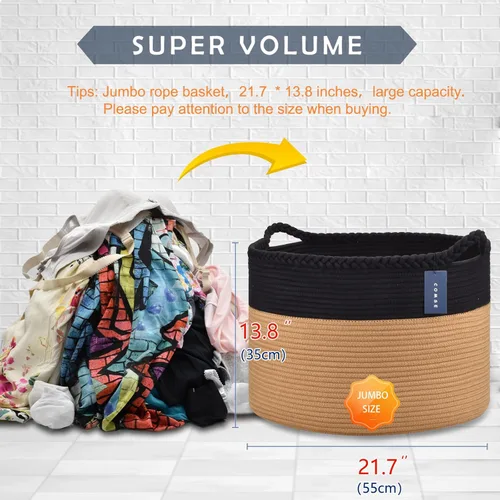 Vista 3 de COMSE Cesta de manta extra grande, cesta tejida para lavandería, 21.7 x 13.8 pulgadas, cesta de guardería, cesta de cuerda de algodón, cesta