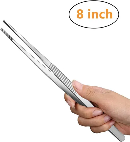 Vista 4 de Pinzas de cocina de acero inoxidable de 8 pulgadas de largo, pinzas de alimentos grandes resistentes con puntas dentadas de precisión para cocinar