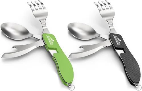 Vista 7 de 2 cubiertos plegables para acampar, desmontables, portátiles y versátiles, de acero inoxidable, tenedor, cuchara y abridor de botellas, compacto