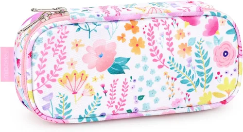 mibasies - Estuche para lápices para niñas y niños, estuche multi-ranuras, rosa con flores y blanco