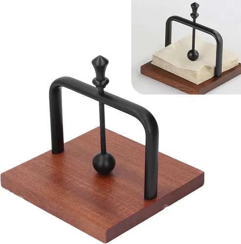 Vista 6 de Vintage Square Cocktail Paper Towel Stand Table Napkin Holder with Lifting Ball Solid Wood Base Metal Rack Napkin Dispenser for Restaurant, Black