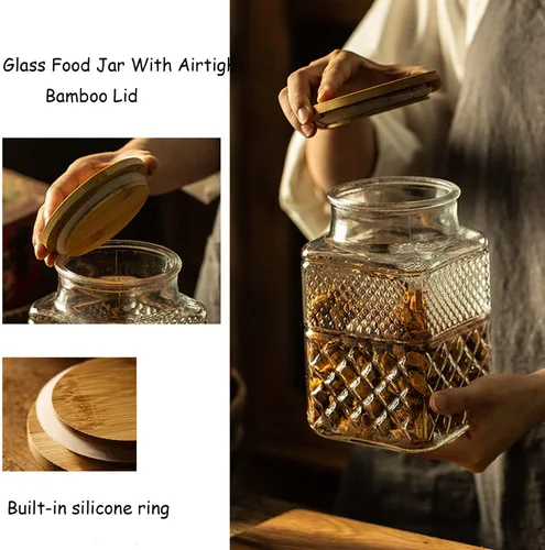 Vista 4 de BETSYHWD 60 FL OZ Large Glass Storage Jar,Kitchen Containers Cereal Canisters Decorative Jar Glass Food Airtight Jar With Bamboo Lids for Candy