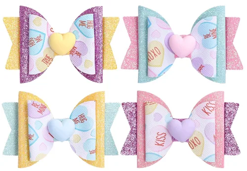 Whaline 4 pinzas para el cabello para el día de San Valentín, coloridas pinzas de corazón de caramelo con purpurina, pasadores de pelo de cocodrilo