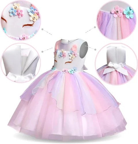 Vista 3 de Vestido de princesa unicornio, para niñas pequeñas, disfraz, joyas y diadema