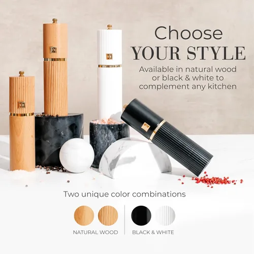 Vista 7 de Styled Settings Juego de molinillo de sal y pimienta blanco y negro con detalles dorados, juego de dos molinillos manuales de madera recargables