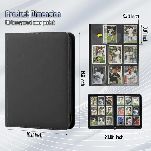 Vista 2 de Arkeiliy Carpeta de tarjetas con 9 bolsillos, bolsillos de doble cara con 30 fundas, soporte para tarjetas coleccionables con cremallera de alta