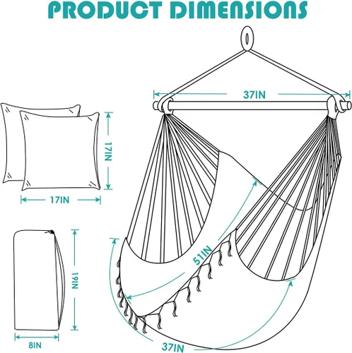 Vista 2 de Silla columpio tipo hamaca, silla colgante con bolsillo, barra de soporte de acero desmontable, capacidad de 500 libras, silla hamaca de tejido