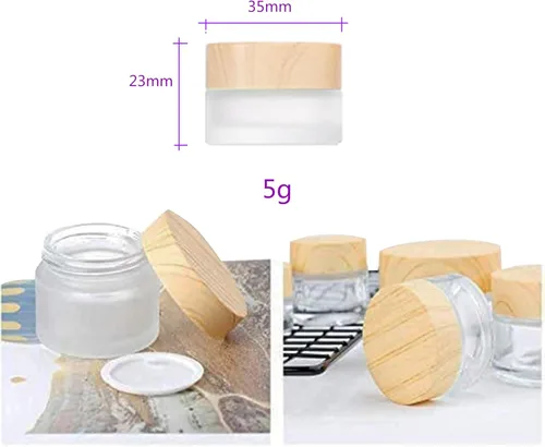 Vista 2 de Juego de 10 botes de 0.18 oz y 0.2 fl oz de vidrio esmerilado, con tapa de plástico con textura de madera, rellenables