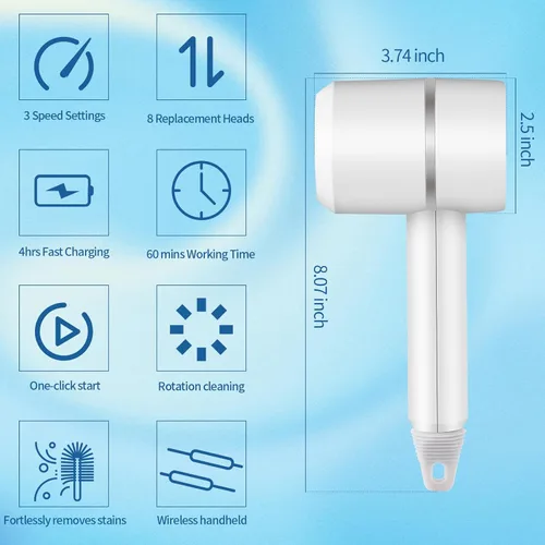 Vista 4 de Electric Spin Scrubber,Cordless Power Cleaning Brush,Rechargeable Power Scrubber with 8 Replacement Heads,3 Adjustable Speeds,Kitchen