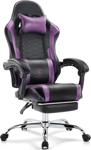 Vista 10 de Silla Gaming, Silla de Oficina para Computadora con Reposapiés, Soporte Lumbar de Masaje y Almohadilla de Gel, Silla Ergonómica Reclinable Ajustable