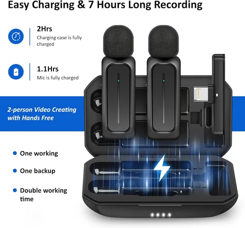 Vista 5 de Ecomxia 2 Piezas Micrófono de Solapa Inalámbrico para iPhone iPad Android con Estuche de Carga 7H Micrófono de Clip de Solapa Inalámbrico