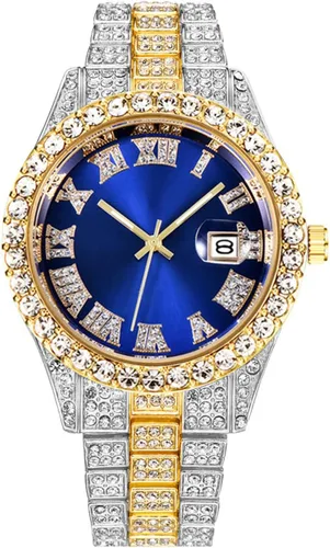 Reloj de hip hop para hombre con calendario de escala romana con diamantes de imitación, reloj de pulsera de acero inoxidable Azul