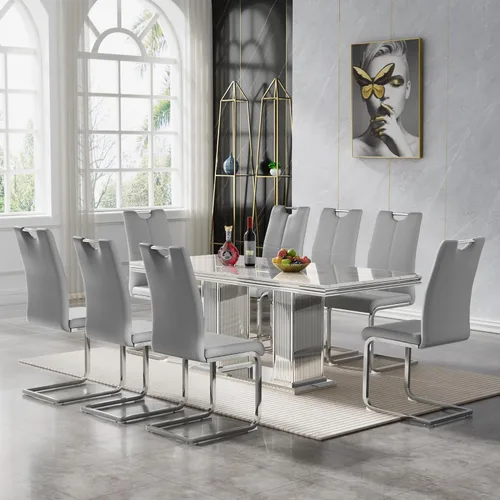 Vista 50 de 5 Piece Black Marble Dining Table Set for 4, Modern Faux Marble Kitchen Dining Room Tables with 4 Leather Chairs Set, 68.11" Luxury Rectangular