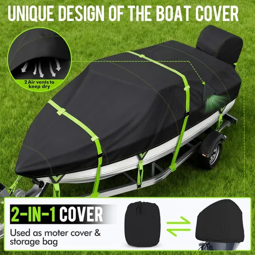 Vista 6 de Funda impermeable 1200D para lancha con cubierta de motor, lona marina con tinte solucionable, cubierta de lancha remolcable de 14 a 16 pies para 14