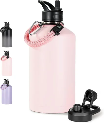 Vista 19 de Fijinhom Botella de agua aislada de 18 onzas con asa, botellas de agua de acero inoxidable 304 con boca ancha, botella de agua deportiva al vacío