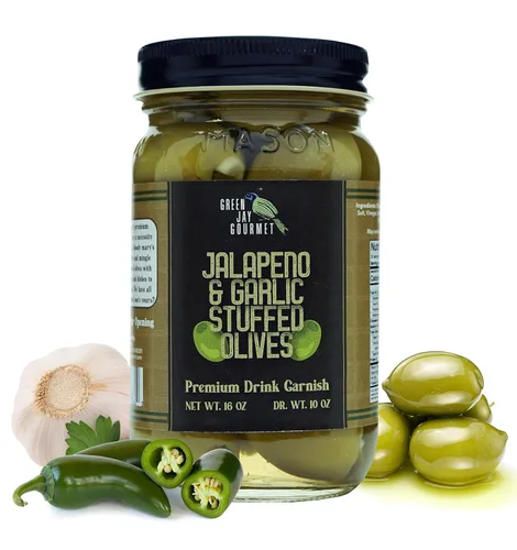 Vista 8 de Green Jay Gourmet Aceitunas rellenas de queso Jalapeño Jack - Aceitunas verdes rellenas de queso para guarnición de cóctel y tabla de queso