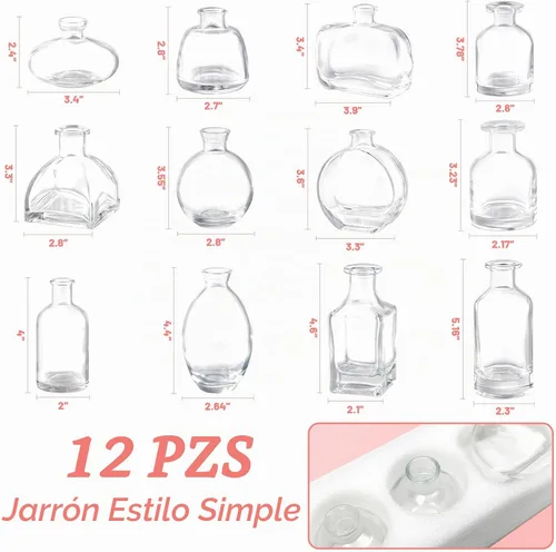 Vista 2 de Juego de 12 jarrones pequeños, jarrón pequeño de vidrio transparente al por mayor, jarrones pequeños para centro de mesa, mini jarrón de flores