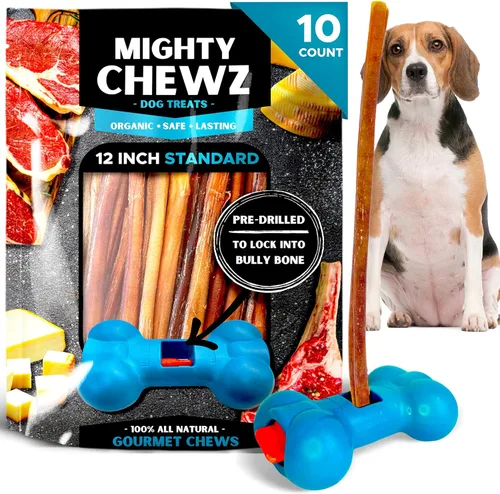 Vista 12 de Palitos de carne de 7 pulgadas de grosor (paquete de 10) con dispositivo de seguridad Bully Stick, sin asfixia, palitos de Pizzle totalmente