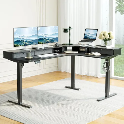 Vista 2 de CubiCubi Escritorio de pie en forma de L de 63 x 48 pulgadas con 3 cajones y estante para monitor, escritorio esquinero de altura ajustable con Negro