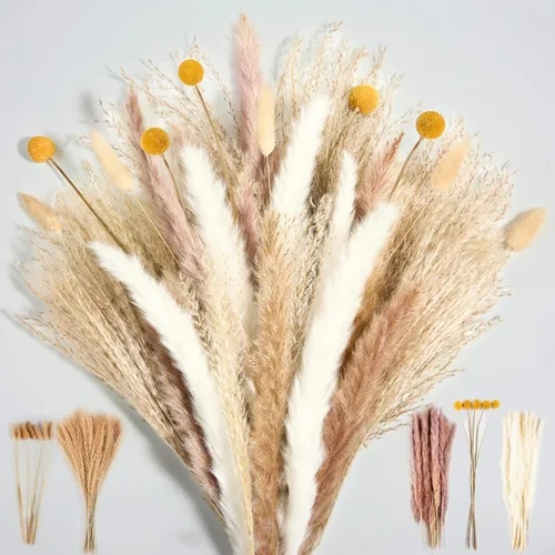 Luxclub Dried Pampas Grass Decor, 100 PCS 17 Inch Pampas Grass, Fluffy Bunny Tails Dried Flowers, Reed Grass Bouquet, Natural White Pampas for