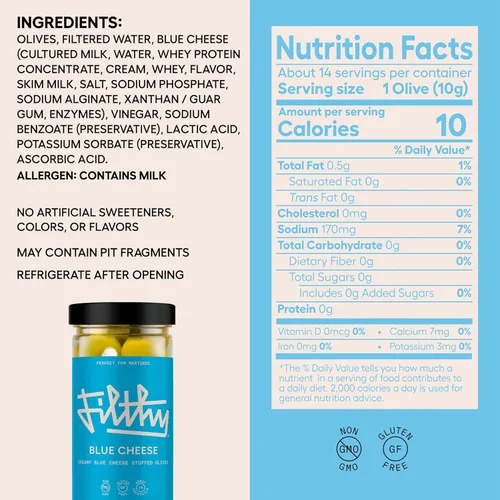 Vista 2 de Aceitunas Rellenas de Queso Azul Filthy, Guarnición Premium para Cócteles, Aceitunas Rellenas de Queso Azul, Aceitunas Queen Curadas Naturalmente