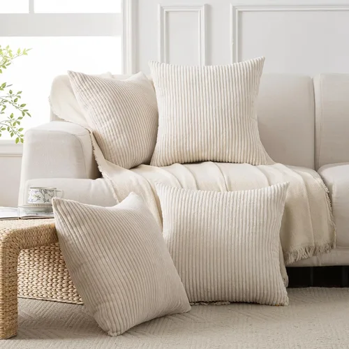 Vista 5 de Volcanics Juego de 4 fundas de almohada beige de corduroy decorativas para sofá, fundas de almohada de 18 x 18 pulgadas, fundas de cojín modernas
