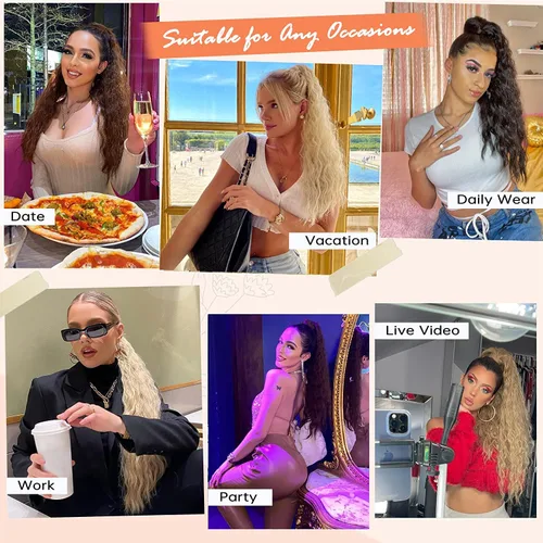 Vista 6 de Extensión de cola de caballo de 26 pulgadas de largo, color negro, para mujer, extensiones de cabello sintético largo rizado ondulado con clip