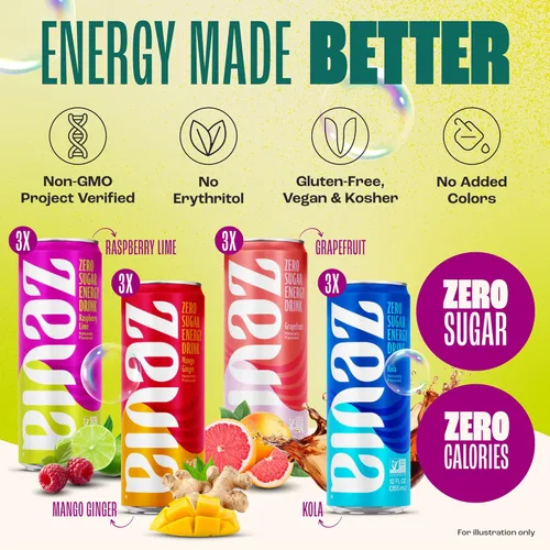 Vista 4 de Zevia Bebida Energética Sin Azúcar, Paquete de Variedad Clásico, Latas de 12 oz (Paquete de 12) – Endulzado Naturalmente, Proyecto Verificado Sin