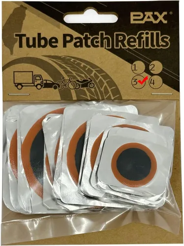 Kit de 15 piezas de parches de repuesto para tubos interiores PAX. Contiene 3 piezas de Ø 25 mm/Ø 32 mm/Ø 42 mm/Ø 50 mm/Ø 60 mm. Kit de parches de