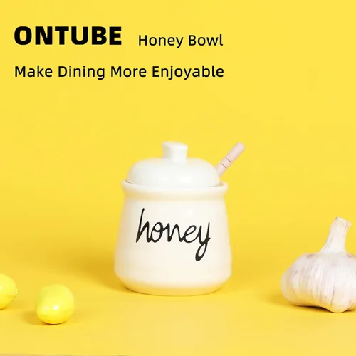 Vista 3 de ONTUBE Tarro de Miel con Cucharón y Tapa, Olla de Miel de Cerámica 12oz, Beige