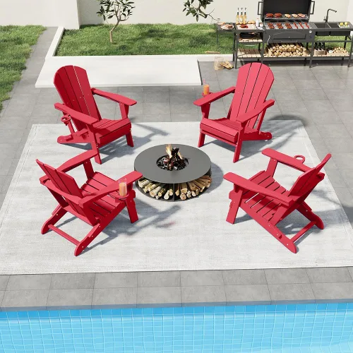 Vista 10 de Sillas plegables Adirondack con portavasos, juego de 4 sillas de plástico HDPE para exteriores, resistentes a la intemperie, aspecto de madera real