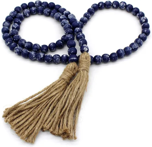 Vista 11 de CVHOMEDECO. Guirnalda de cuentas de madera con borlas, estilo rústico de granja, cadena de cuentas de oración para colgar en la pared, acento