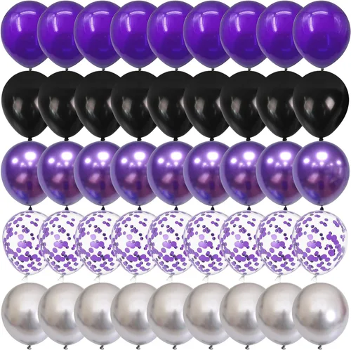 Paquete de 60 globos de látex de 12 pulgadas de color morado oscuro, morado claro, negro, de confeti plateado y metálico para decoración de