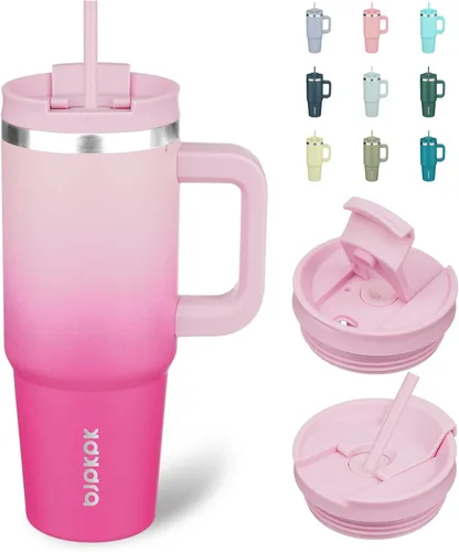 Vista 17 de BJPKPK - Vaso de 40 onzas con asa, vasos aislados con tapa y pajilla, de acero inoxidable, vaso térmico, color limón