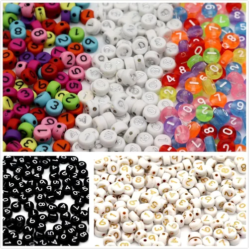Vista 2 de Cuentas de números de 5 colores para hacer joyas, cuentas de números de pulsera de 0.16 x 0.27 pulgadas, moneda de disco redondo plano 0-9 cuentas