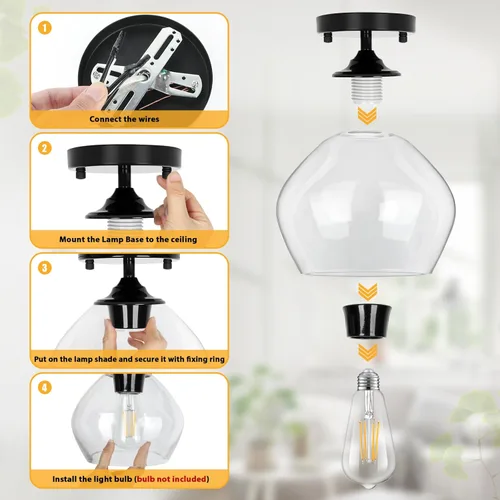 Vista 6 de Lámpara de techo moderna semiempotrada con pantalla de vidrio transparente, lámpara industrial cercana al techo, lámpara de techo colgante
