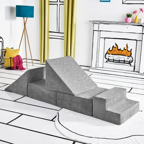 Vista 7 de Sofá de Juego para Niños y Pequeños de Yourigami, Juego de Sofás para Sala de Juegos, Diseño Modular Duradero, Gris Montaña