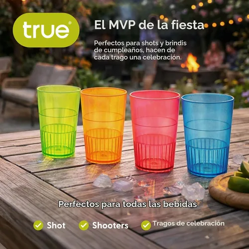 Vista 5 de True Vasos de chupito de plástico multicolor neón para fiestas, vasos desechables para beber al aire libre, colores surtidos, 2 onzas, juego de 60